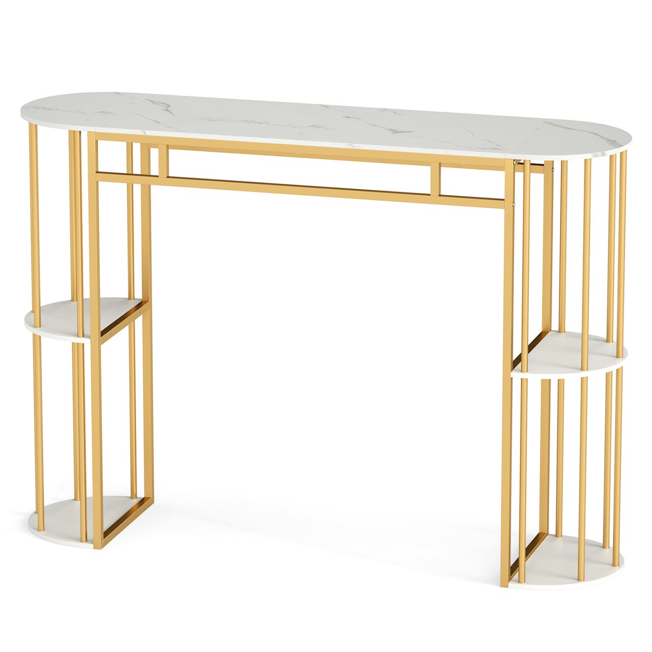 Industrial Style 60 Inch Pub Table with Storage Shelves, Engineered Wood Top, Sturdy Metal Frame Narrow Counter Table for Home Bar and Dining Area